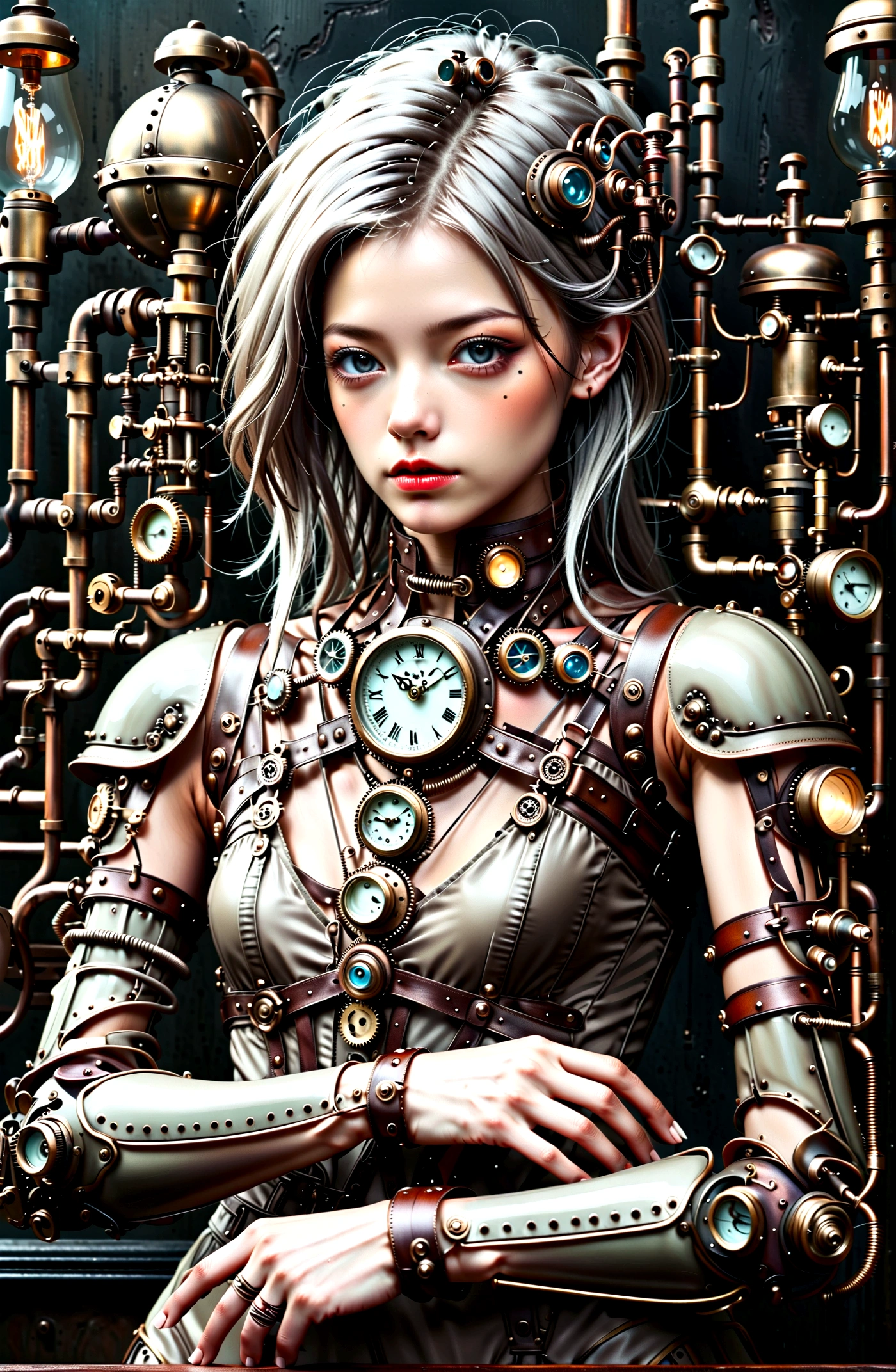 ((Masterpiece)), (Best Quality), (Cinematic),(Extremely detailed CG Unity 8k wallpaper), 1 girl, fit,Delicious company, small breasts,(no goggles on face)(very long silver hair),one Stunning red-haired steampunk woman who lost her forearm in an accident received a beautifully designed, fine and perfectly fitting robotic prosthesis (steampunk style) as a replacement, posing coolly in front of machines and factories. With this prosthesis she shows us a sealed, delicate poison glass bottle with blue liquid in it. Hand-forearm prosthesis made of brass and leather. She wears tight-fitting clothing (steampunk leather suit with cut-outs on hips and belly and buckles).the forearms are nude to show the prothetic arm, hoes and decorative wielding goggles in her hair on head, also made of brass and leather. The landscape is a bit gloomy, but also impressive.,1 line drawing,make up,steampunk style