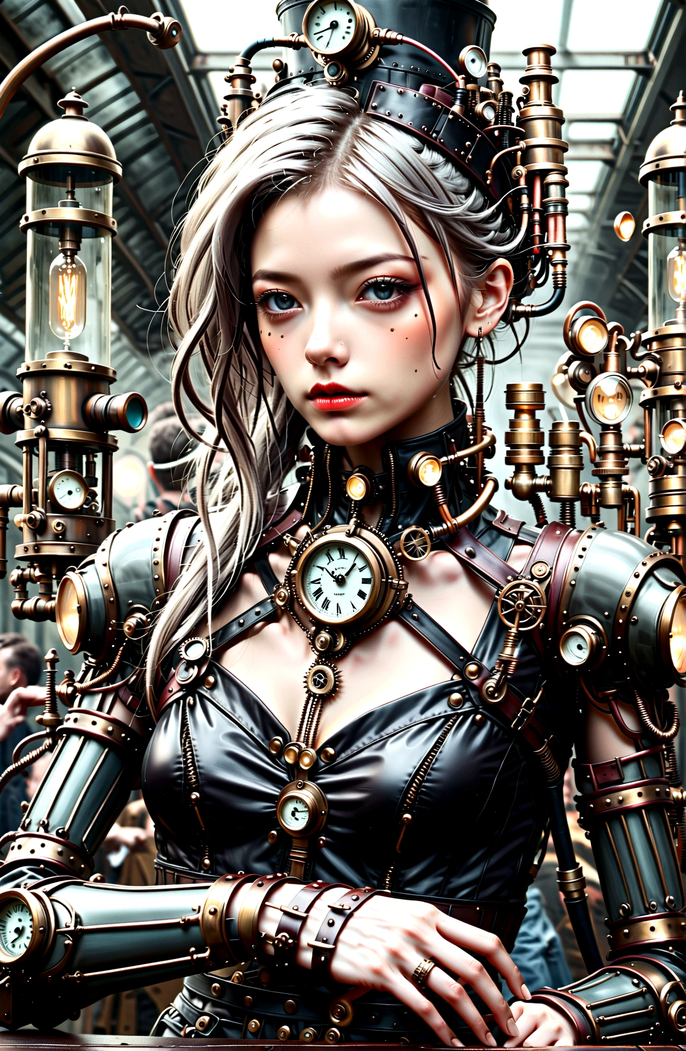 ((Masterpiece)), (Best Quality), (Cinematic),(Extremely detailed CG Unity 8k wallpaper), 1 girl, fit,Delicious company, small breasts,(no goggles on face)(very long silver hair),one Stunning red-haired steampunk woman who lost her forearm in an accident received a beautifully designed, fine and perfectly fitting robotic prosthesis (steampunk style) as a replacement, posing coolly in front of machines and factories. With this prosthesis she shows us a sealed, delicate poison glass bottle with blue liquid in it. Hand-forearm prosthesis made of brass and leather. She wears tight-fitting clothing (steampunk leather suit with cut-outs on hips and belly and buckles).the forearms are nude to show the prothetic arm, hoes and decorative wielding goggles in her hair on head, also made of brass and leather. The landscape is a bit gloomy, but also impressive.,1 line drawing,make up,steampunk style