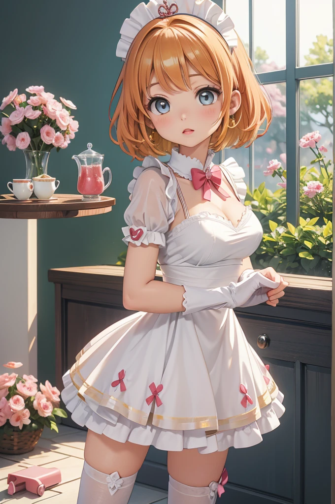 masterpiece, best quality, highres, perfect pixel, depth of field, 1girl, single, solo, beautiful anime girl, beautiful artstyle, (beautiful eyes), (detailed face), (blush), anime CG style, (medium breasts), good lighting, perfect body, lips parted, (sakura kinomoto), glossy lips, (maid), cleavage, high heels、yellow hair, bright eyes, serious, hairstyle back, short hair:1.3、Tea party