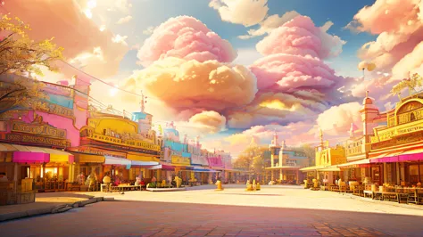 a beautiful painting of pink yellow multi-layer dessert room, yellow light, many large and small desserts scattered in the cloud...