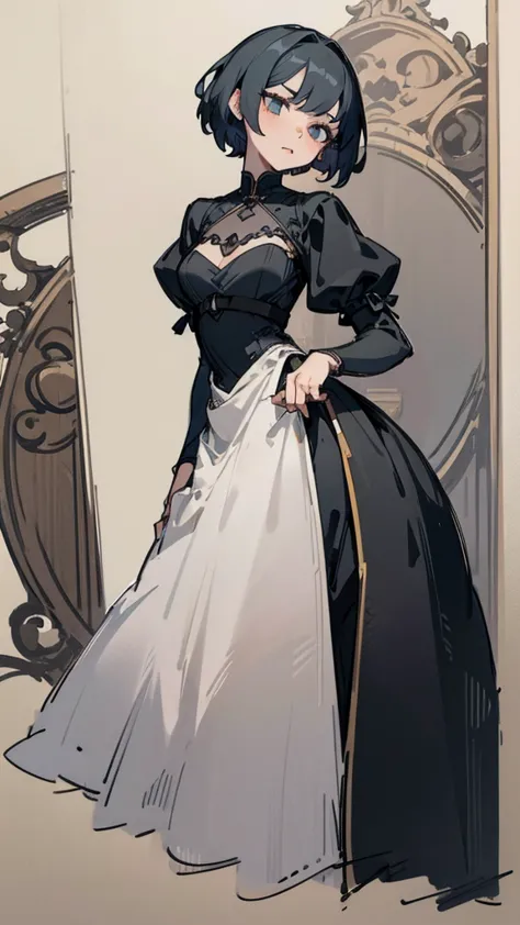 Lady Medieval Fantasy Character Drawing Elegance Short-Hair Married Black-Dress Dark Black Big Eyes Mature