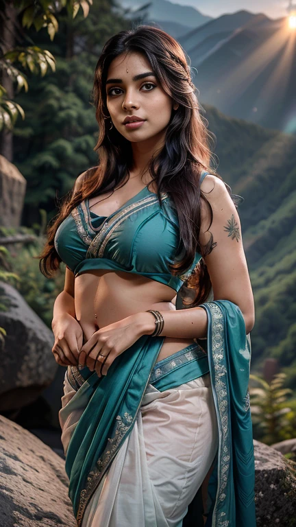 30 year old indian woman, wearing teal white mixed Saree, long braid hair, mountain forest, ultra realistic, realism, cute, charming, dusk time, sunset, medium height, big eyes, tattooed hands, sexy, ambient lighting, lens flare, god rays, perfect anatomy, detailed body and face, 8k