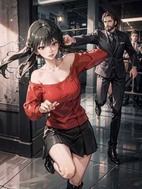 action pose, battle scenes:1.5, (yor forger), red eyes, black skirt, red off shoulder sweater, (big breasts), morning, ((fightin...