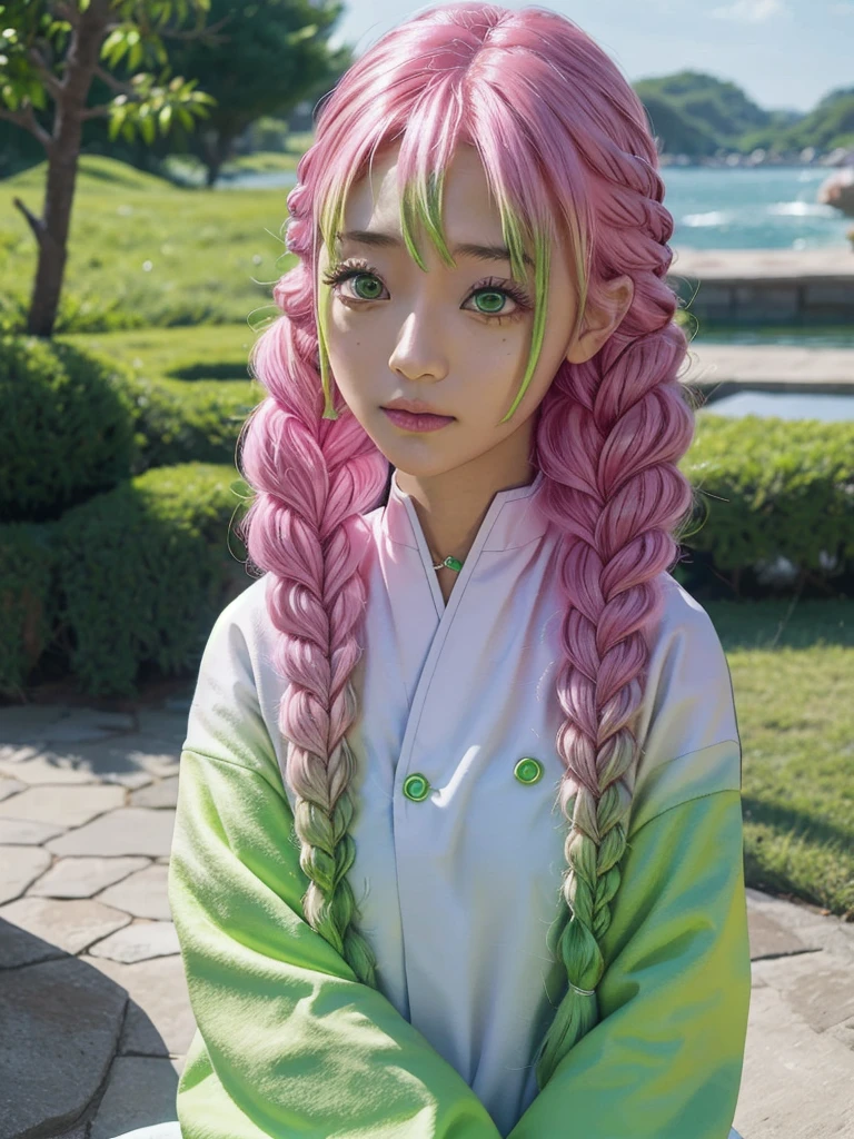 kanroji_mitsuri、1girl (Master peace、) (sthe highest qualit)(Shiny hair)(Glossy skin)、(gradation hair、GREEN、pink hair、Braids:1.2)、