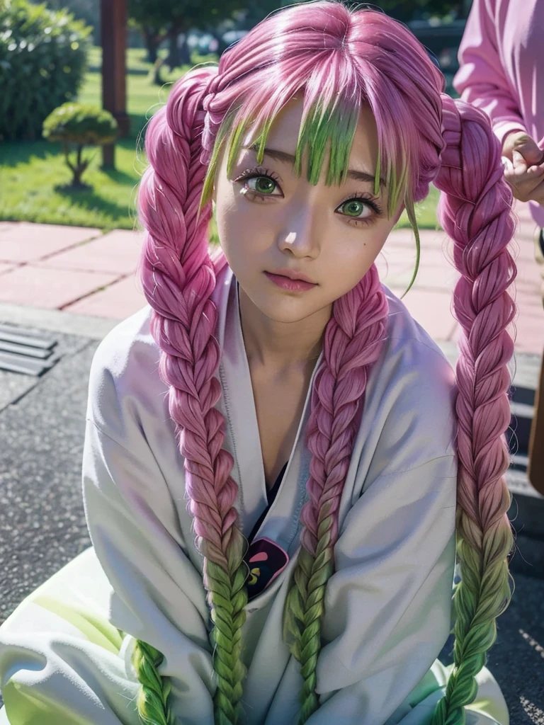 kanroji_mitsuri、1girl (Master peace、) (sthe highest qualit)(Shiny hair)(Glossy skin)、(gradation hair、GREEN、pink hair、Braids:1.2)、