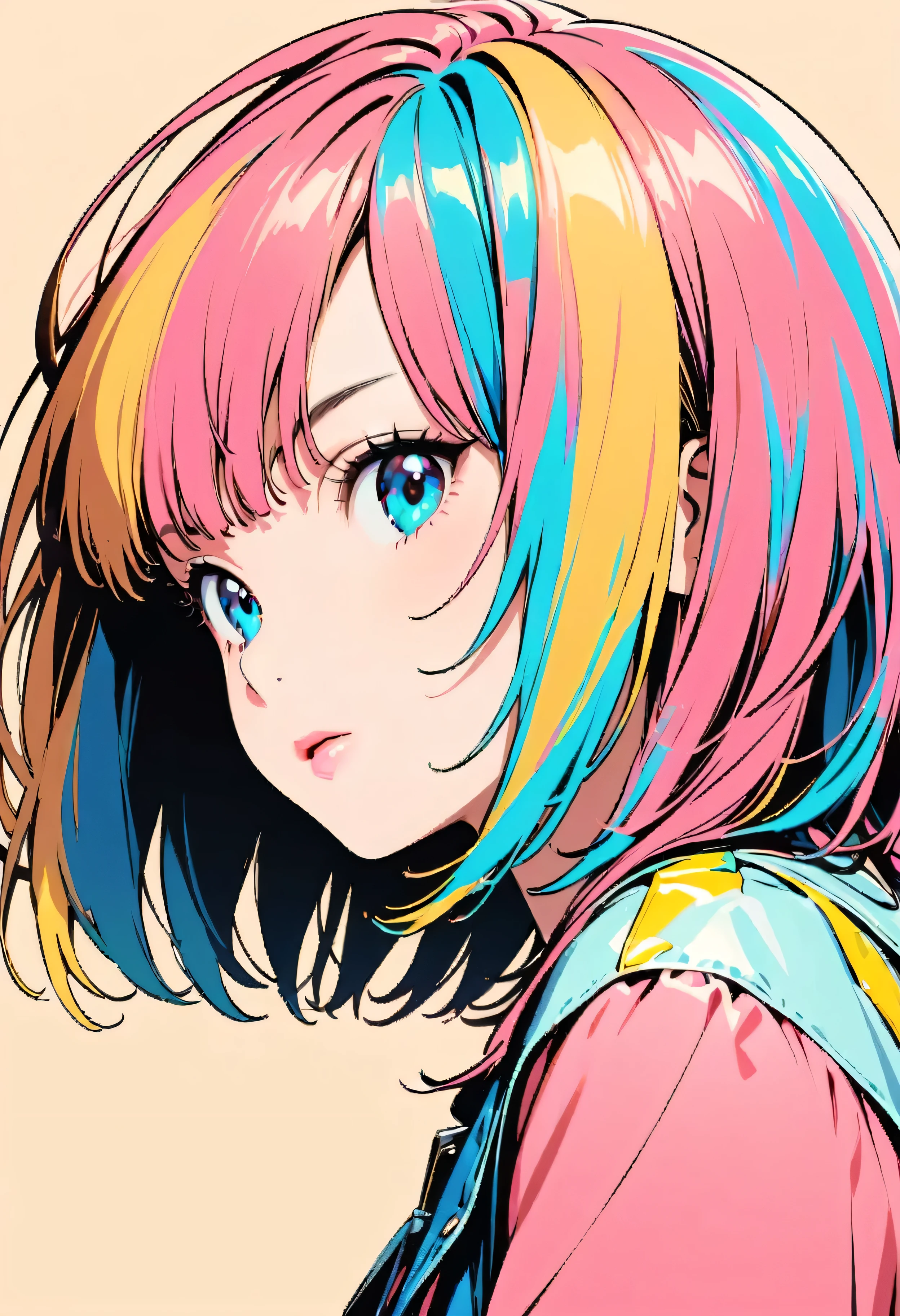 (Highest quality:1.2, City Pop Style, Very detailed, up to date, Vibrant, High Contrast, masterpiece:1.2, Highest quality, Best aesthetics), girl, ((Face Up Shot:1.4)), Colorful Hair, Bobcut, pastel colour, 1980s style, ((Retro, Vintage, Plain background))