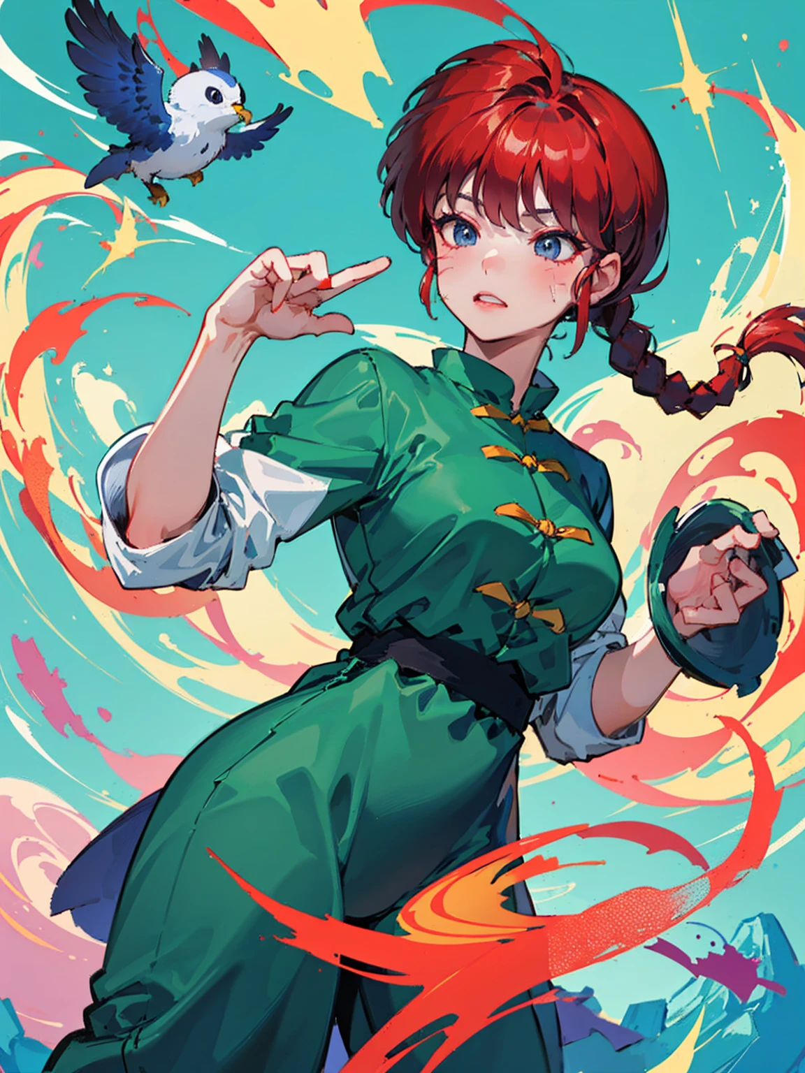 ((masterpiece:1.4)), expensive quality, very_expensive_solve, big_file size, Full Color, Thick outline, Clear contours, colorful, (Beautiful fine details, Are thin:1.4), ((Beautiful Face:1.0)), ((Boyish face:1.4)), 1 girl, (Ranma), (Redhead), short hair, (Braided Ponytail), ((bangs)), bumpy bangs, Blue-gray eyes, Big Breasts, Curvy, Ranma, Braided Ponytail, (Red Chinese Clothing), No sleeve, Tangzhuang, Black trousers, Are standing, ((, Are thin:1.4)), ((from the front:1.4)), Are thin:1.4
