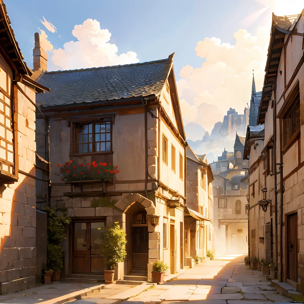 a sprawling ancient village, small houses along winding cobblestone streets, a playable character standing in the center, realistic shadows and lighting, god rays, 4k, detailed environment, fantasy landscape, medieval architecture, highly detailed, photorealistic, dramatic lighting, cinematic atmosphere