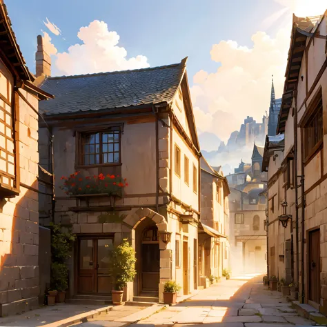 a sprawling ancient village, small houses along winding cobblestone streets, a playable character standing in the center, realis...