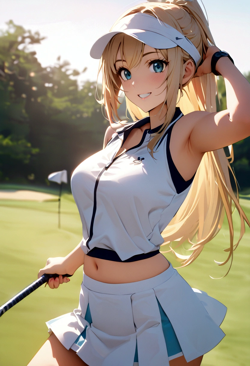 sound　high resolution　8k beauty　Woman playing golf　Golf course　Beautiful woman　Blonde　aggressive　Winning spirit　Namaiki　Golf Wear　mini skirt　smile　　looking at the camera　nice shot　No sleeve　Sun visor　long hair