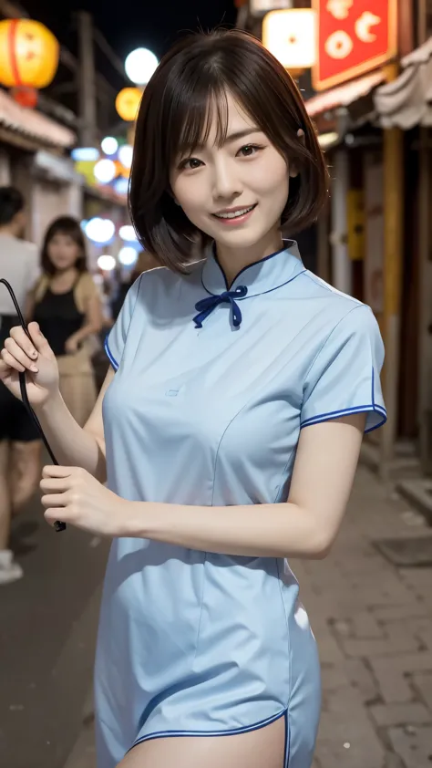 japanese women、one person、living in 昔のchinatown、chinese style hair、laughing with your mouth open、short sleeve blue cheongsam、sex...