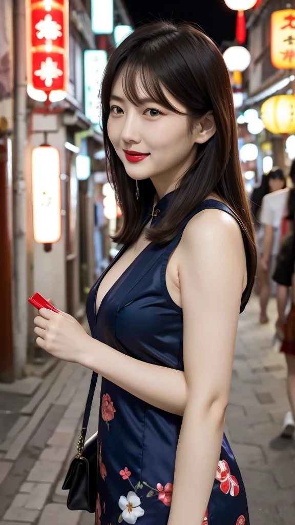 Japanese women、One person、Living in 昔のChinatown、Slightly chubby、Chinese style hair、Laughing with your mouth open、Red lipstick、Short sleeve blue cheongsam、Sexy pose、Very short、Old town、Chinatown at night、The lighting is bright、
