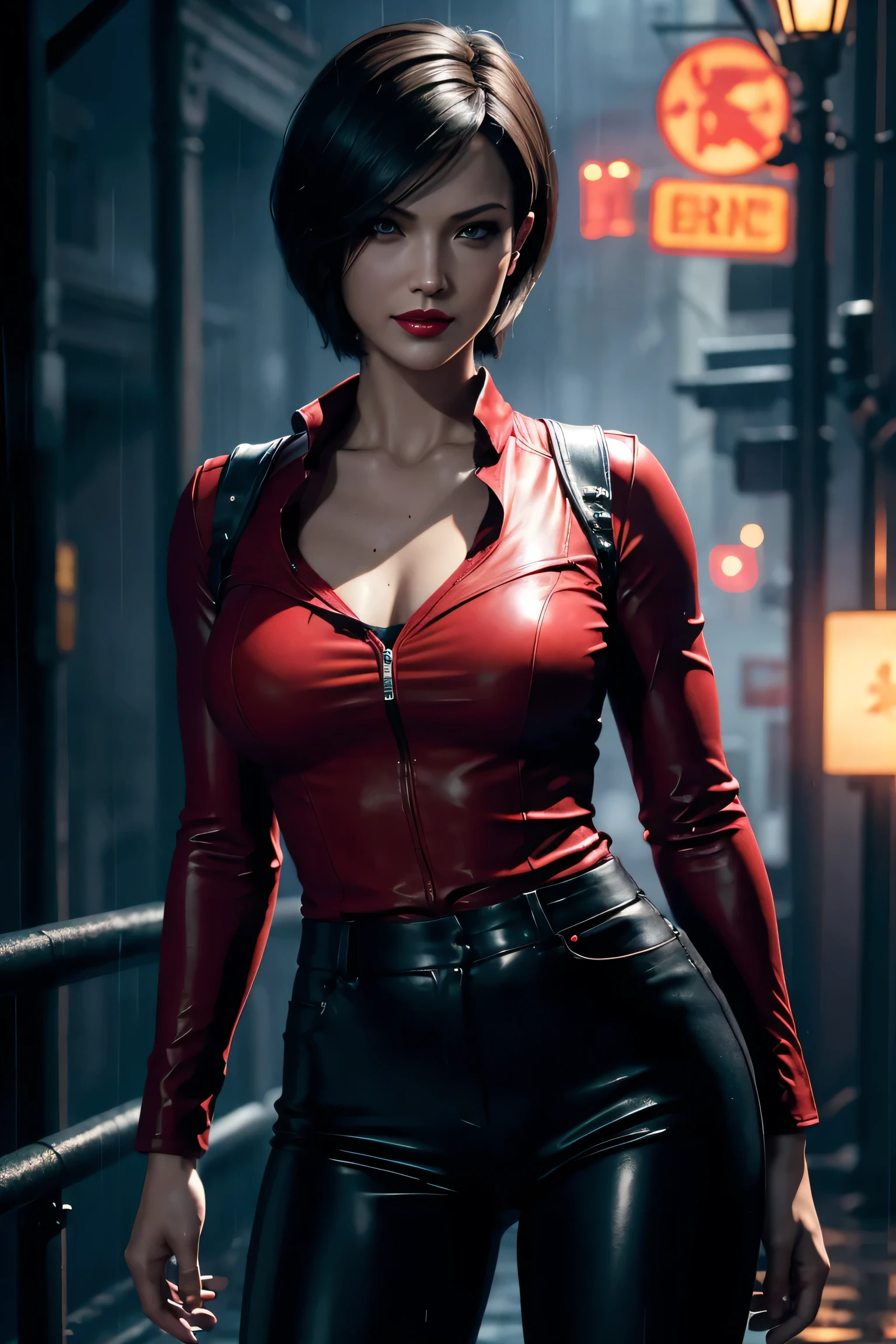 Resident Evil 6,Ada,Short Hair,Red Shirt,Stand up your collar,Black Leather Pants,Photorealistic,Ultra HD,high quality,masterpiece,Digital SLR,Detailed details,Intricate details,Anatomical basis,Depicted in detail,A detailed face,Realistic skin texture,Vivid details,Perfect Anatomy,Perfect Anatomy,Anatomically correct hand,Anatomically correct fingers,Super Detail,Complex 3D rendering,Sexy pose,Rainy Sky,Beautiful scenery,Fantastic rainy sky,Picturesque,Red Lip,smile,