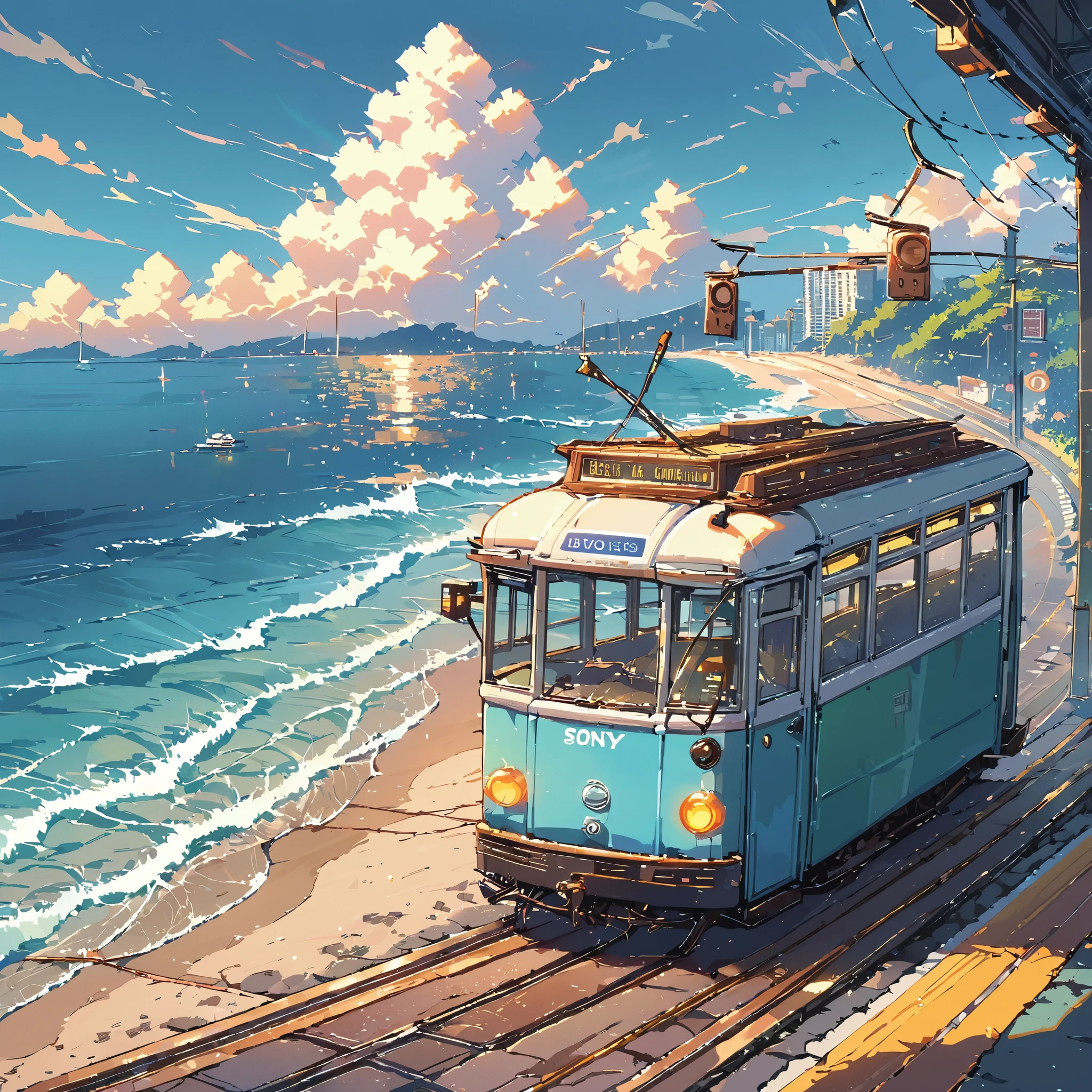 ((anime:1.4,illustration)),(masterpiece, top quality, best quality),(ultra-detailed, absolutely resolution),((16k, high res)), (((tram, seaside, blue sky, cumulonimbus cloud)) ((cozy lofi illustration:1.4)), ((anime:1.4, illustration)),(masterpiece, top quality, best quality),(ultra-detailed, absolutely resolution),((16k, high res)) BREAK {lofi art, style of Laurie Greasley, style of Makoto Shinkai, anime aesthetic}, BREAK { (produces images with information than 40 million pixels with cinematic-like detailed textures shot on a Sony SLR).}