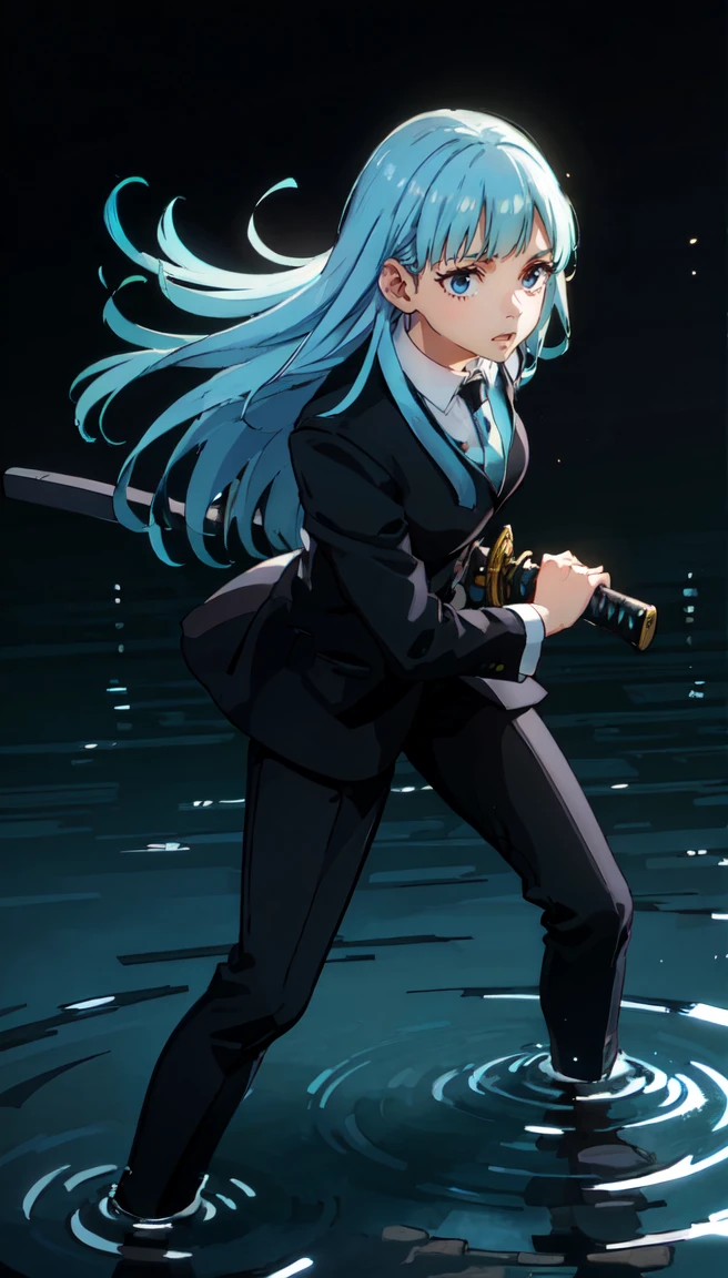 ((Pitch black background:1.5))、(The water surface at my feet is shining light blue.:1.5)、Holding a Japanese sword、(Iai stance:1.2),(Highly detailed CG Unity 8k wallpaper),(masterpiece),(Highest quality),(Super detailed),(Best illustrations),(Best Shadow),(Absurd), miwa kasumi, One girl, alone, Blue Hair, tie, Long Hair, blue eyes, bangs, Jacket, shirt, View your viewers, formal, suit, white shirt, black tie, blunt bangs, Full body image, collared shirt, Mouth closed, blazer, Long sleeve, Straight hair, Wing Color