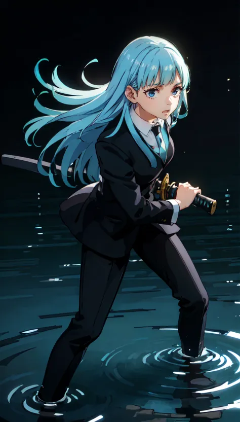 ((Pitch black background:1.5))、(The water surface at my feet is shining light blue.:1.5)、Holding a Japanese sword、(Iai stance:1....