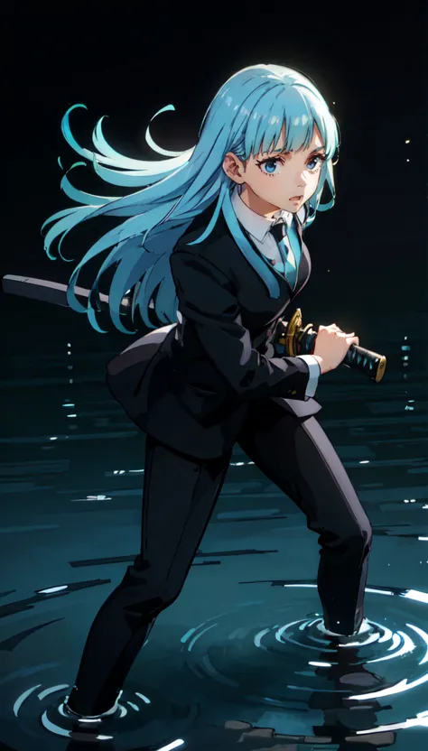 ((pitch black background:1.5))、(the water surface at my feet is shining light blue.:1.5)、holding a japanese sword、(iai stance:1....