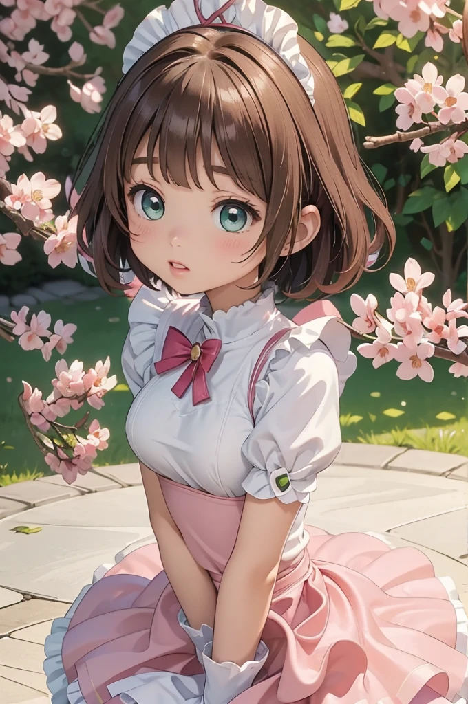 masterpiece, best quality, highres, perfect pixel, depth of field, 1girl, single, solo, beautiful anime girl, beautiful artstyle, (beautiful eyes), (detailed face), (blush), anime CG style, (medium breasts), good lighting, perfect body, lips parted, (sakura kinomoto:1.3), glossy lips, (maid), cleavage,  bright eyes,  (short hair:1.3)、Tea party、			
kinomoto sakura, cardcaptor sakura, loli, , green eyes, antenna hair, light brown hair, hair intakes, bangs,