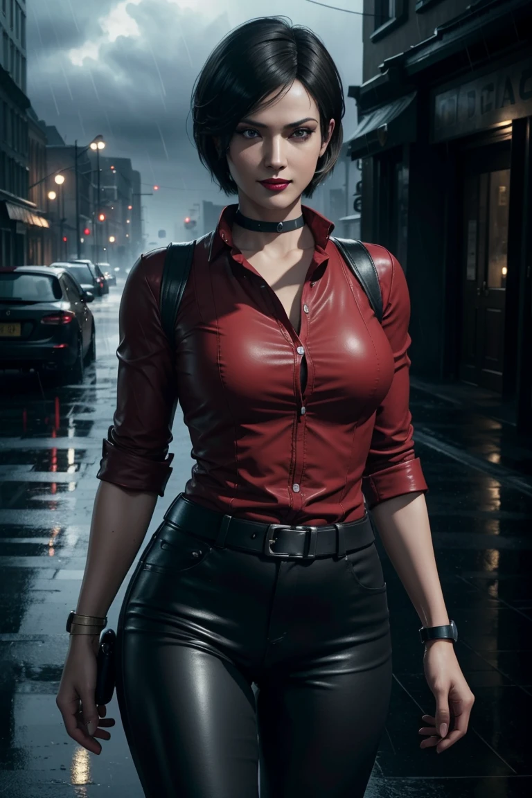 Resident Evil 6,Ada,Short Hair,Red Shirt,Stand up your collar,Black Leather Pants,Photorealistic,Ultra HD,high quality,masterpiece,Digital SLR,Detailed details,Intricate details,Anatomical basis,Depicted in detail,A detailed face,Realistic skin texture,Vivid details,Perfect Anatomy,Perfect Anatomy,Anatomically correct hand,Anatomically correct fingers,Super Detail,Complex 3D rendering,Sexy pose,Rainy Sky,Beautiful scenery,Fantastic rainy sky,Picturesque,Red Lip,smile,