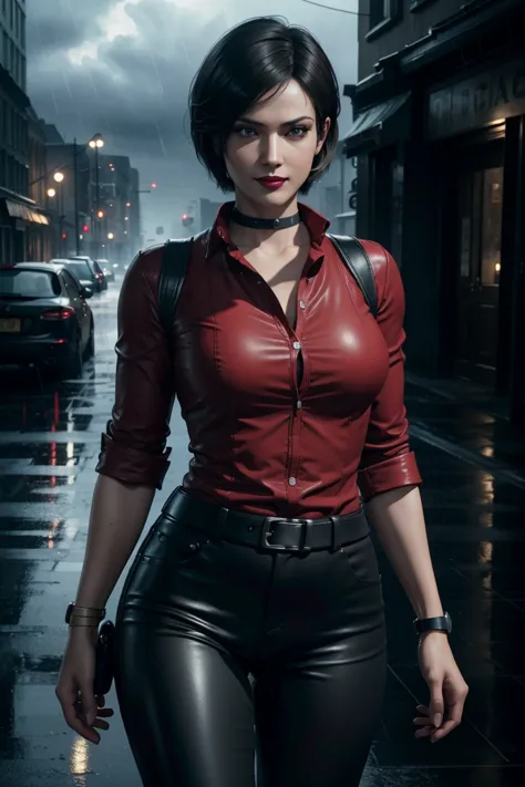 Resident Evil 6,Ada,Short Hair,Red Shirt,Stand up your collar,Black Leather Pants,Photorealistic,Ultra HD,high quality,masterpie...