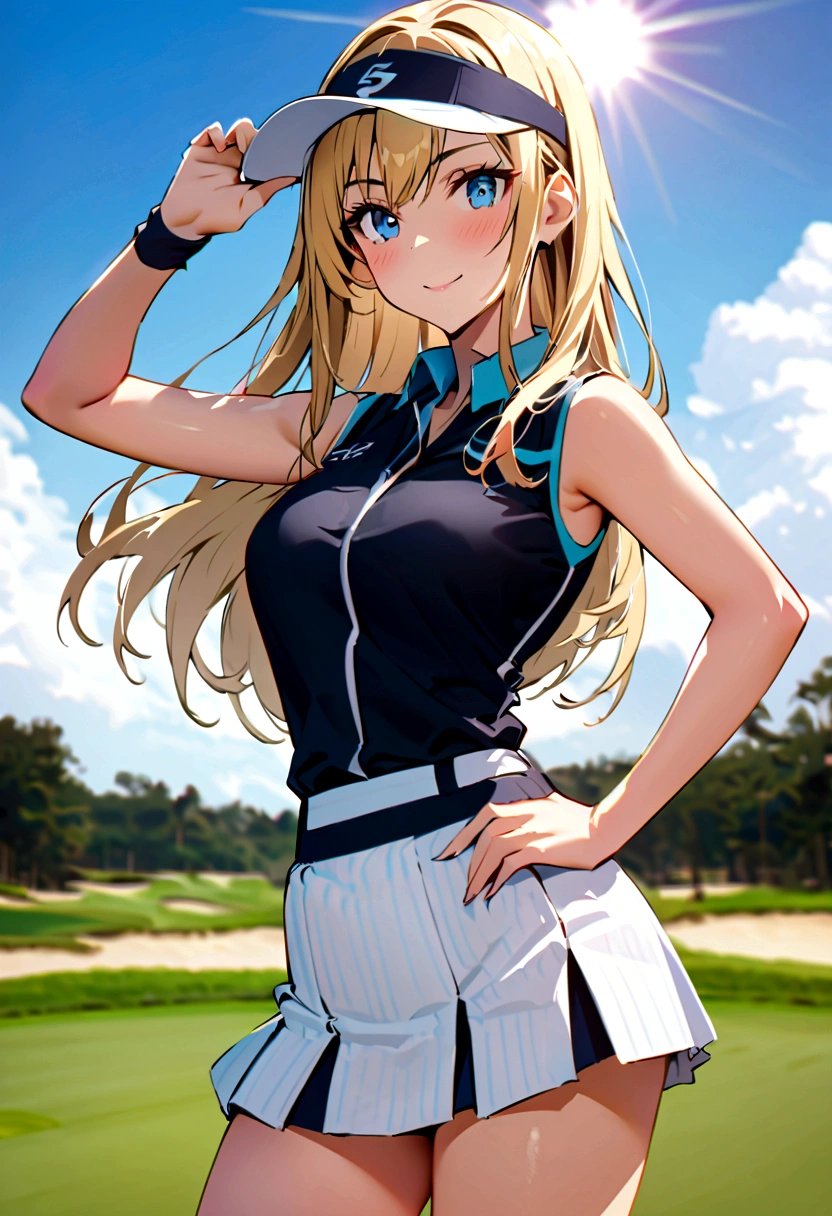 sound　high resolution　8k beauty　Woman playing golf　Golf course　Beautiful woman　Blonde　aggressive　Winning spirit　Namaiki　Golf Wear　mini skirt　smile　　looking at the camera　nice shot　No sleeve　Sun visor　long hair　Professional Golfer