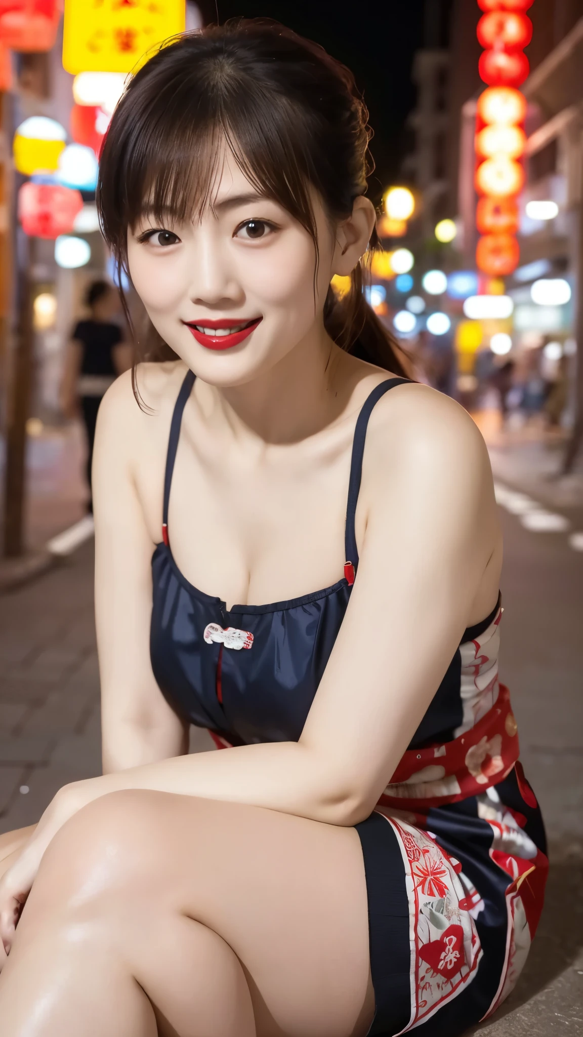 Japanese women、One person、Living in 昔のChinatown、Slightly chubby、Chinese style hair、Laughing with your mouth open、Red lipstick、Short sleeve blue cheongsam、Sexy pose、Very short、Old town、Chinatown at night、The lighting is bright、
