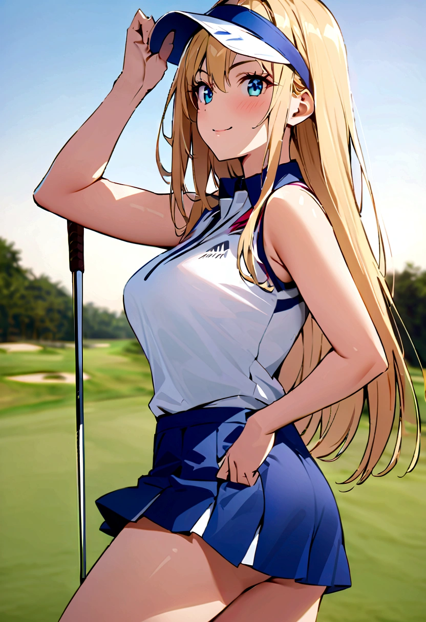 sound　high resolution　8k beauty　Woman playing golf　Golf course　Beautiful woman　Blonde　aggressive　Winning spirit　Namaiki　Golf Wear　mini skirt　smile　　looking at the camera　nice shot　No sleeve　Sun visor　long hair　Professional Golfer