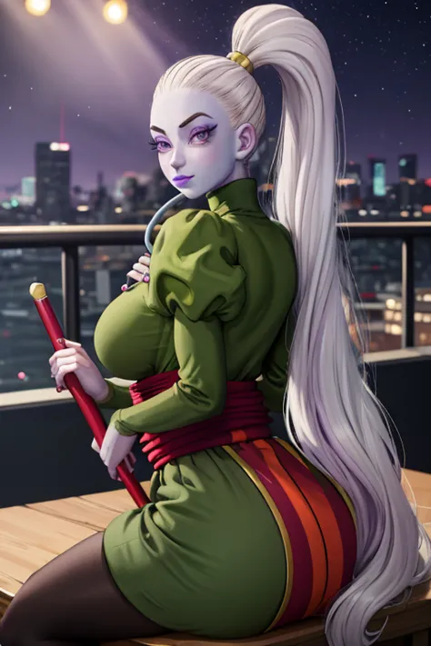 dress_dragonballsuper_vados_ownwaifu, 
1girl, blue skin, white hair, hair pulled back, high ponytail, purple eyes, colored skin,...