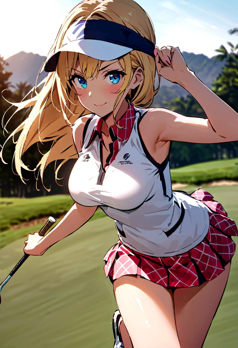 sound　high resolution　8k beauty　Woman playing golf　Golf course　Beautiful woman　Blonde　aggressive　Winning spirit　Namaiki　Golf Wear　mini skirt　smile　　looking at the camera　nice shot　No sleeve　Sun visor　long hair　Professional Golfer