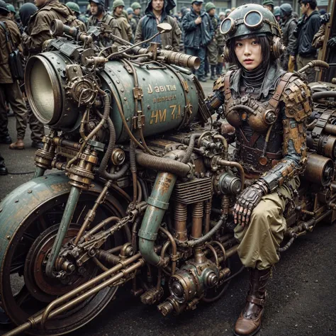 Dystopian night scene, very intricate details, Japanese woman wearing model-like armor, beautiful face, legs, cylinders that loo...