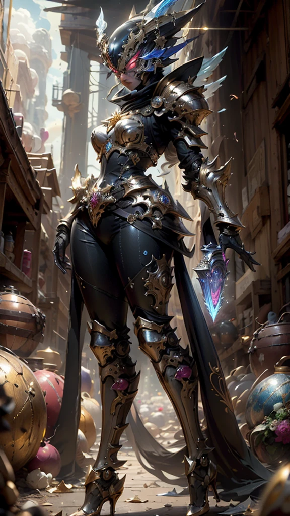 A woman adorned in fantasy-style full-body armor, a crown-concept fully enclosed helmet that unveils only her eyes, a composite layered chest plate, fully encompassing shoulder and hand guards, a lightweight waist armor, form-fitting shin guards, the overall design is heavy-duty yet flexible, (the armor gleams with a golden glow, complemented by red and blue accents), exhibiting a noble aura, she floats above a fantasy-surreal high-tech city, this character embodies a finely crafted fantasy-surreal style armored hero in anime style, exquisite and mature manga art style, (mixture of Queen bee and Spider concept Armor, plasma), ((Element, elegant, goddess, femminine:1.5)), metallic, high definition, best quality, highres, ultra-detailed, ultra-fine painting, extremely delicate, professional, anatomically correct, symmetrical face, extremely detailed eyes and face, high quality eyes, creativity, RAW photo, UHD, 32k, Natural light, cinematic lighting, masterpiece-anatomy-perfect, masterpiece:1.5