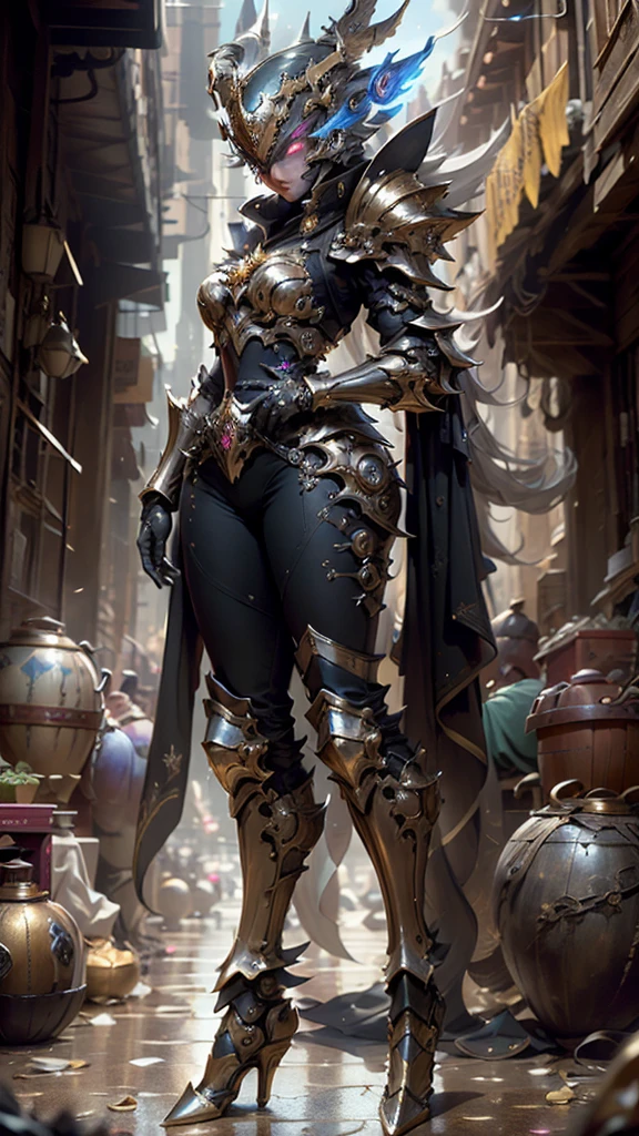 A woman adorned in fantasy-style full-body armor, a crown-concept fully enclosed helmet that unveils only her eyes, a composite layered chest plate, fully encompassing shoulder and hand guards, a lightweight waist armor, form-fitting shin guards, the overall design is heavy-duty yet flexible, (the armor gleams with a golden glow, complemented by red and blue accents), exhibiting a noble aura, she floats above a fantasy-surreal high-tech city, this character embodies a finely crafted fantasy-surreal style armored hero in anime style, exquisite and mature manga art style, (mixture of Queen bee and Spider concept Armor, plasma), ((Element, elegant, goddess, femminine:1.5)), metallic, high definition, best quality, highres, ultra-detailed, ultra-fine painting, extremely delicate, professional, anatomically correct, symmetrical face, extremely detailed eyes and face, high quality eyes, creativity, RAW photo, UHD, 32k, Natural light, cinematic lighting, masterpiece-anatomy-perfect, masterpiece:1.5