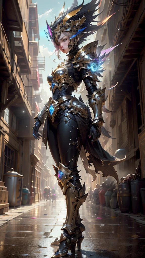 A woman adorned in fantasy-style full-body armor, a crown-concept fully enclosed helmet that unveils only her eyes, a composite layered chest plate, fully encompassing shoulder and hand guards, a lightweight waist armor, form-fitting shin guards, the overall design is heavy-duty yet flexible, (the armor gleams with a golden glow, complemented by red and blue accents), exhibiting a noble aura, she floats above a fantasy-surreal high-tech city, this character embodies a finely crafted fantasy-surreal style armored hero in anime style, exquisite and mature manga art style, (mixture of Queen bee and Spider concept Armor, plasma), ((Element, elegant, goddess, femminine:1.5)), metallic, high definition, best quality, highres, ultra-detailed, ultra-fine painting, extremely delicate, professional, anatomically correct, symmetrical face, extremely detailed eyes and face, high quality eyes, creativity, RAW photo, UHD, 32k, Natural light, cinematic lighting, masterpiece-anatomy-perfect, masterpiece:1.5