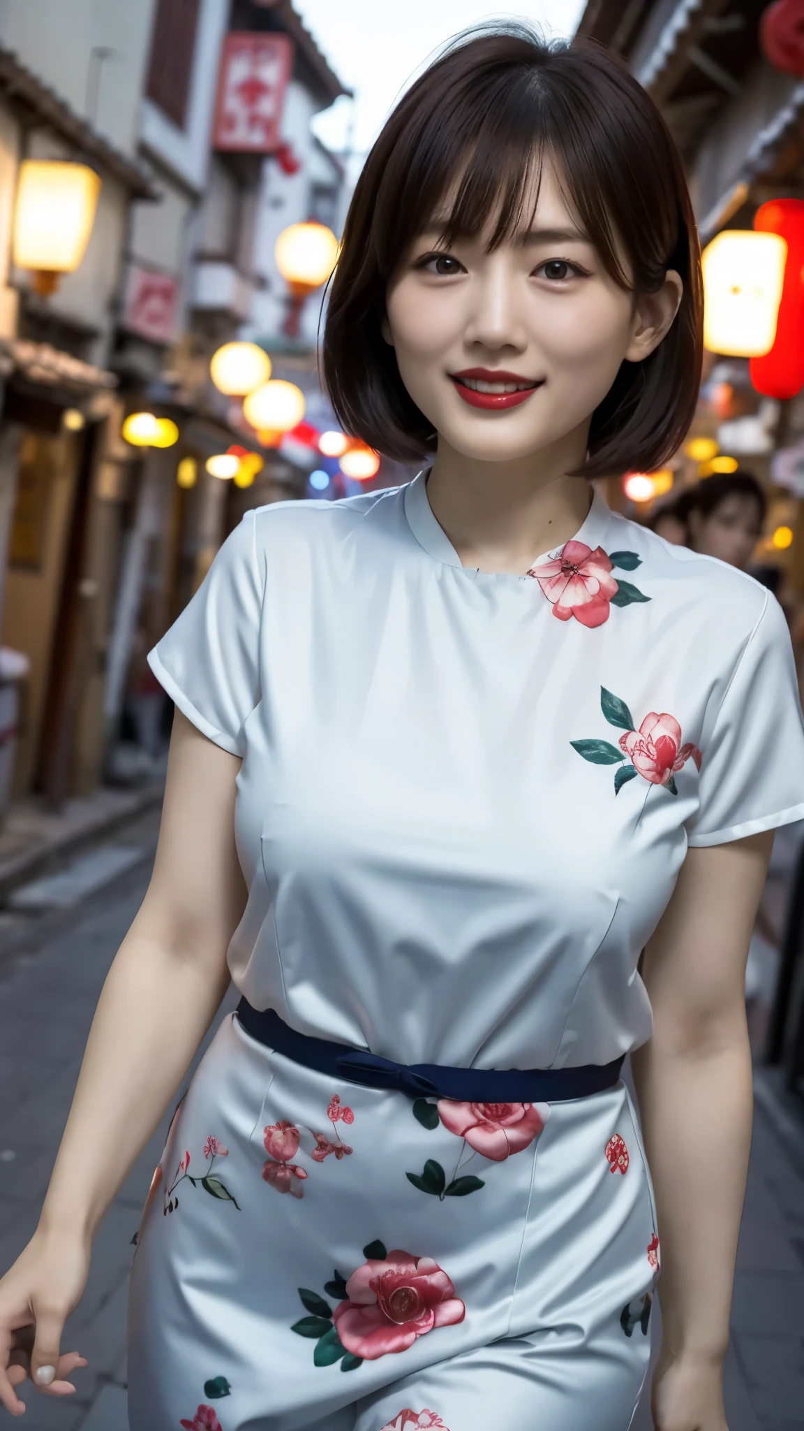 Femmes japonaises、une personne、Vivre dans le vieux quartier chinois、Légèrement potelé、cheveux de style chinois、Rire la bouche ouverte、rouge à lèvres、Cheongsam bleu à manches courtes、pose sexy、très court、vieille ville、Quartier chinois la nuit、l&#39;éclairage est clair、
