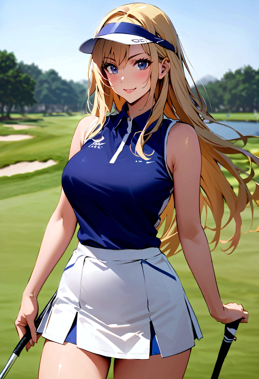 sound　high resolution　8k beauty　Woman playing golf　Golf course　Beautiful woman　Blonde　aggressive　Winning spirit　Namaiki　Golf Wear　mini skirt　smile　　looking at the camera　nice shot　No sleeve　Sun visor　long hair　Professional Golfer　30 years old　Middle age