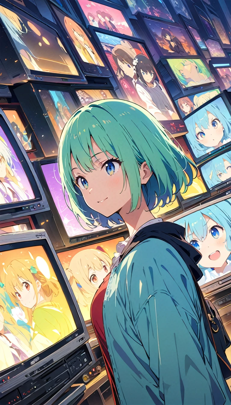 estilo anime, ilustrações ultrafinas, highly detalhado, Ângulo Dinâmico, beautiful detalhado, 8K, Na frente de muitas TVs CRT, QUEBRAR various programs are being broadcasted. Uma mulher olha para eles, QUEBRAR smiling amidst the colorful scenes.(mais alta qualidade、obra de arte、Alta resolução、detalhado)estilo anime、estilo simples、(olhos brilhantes、detalhado美しい顔),  QUEBRAR,Ângulo Dinâmico、anime