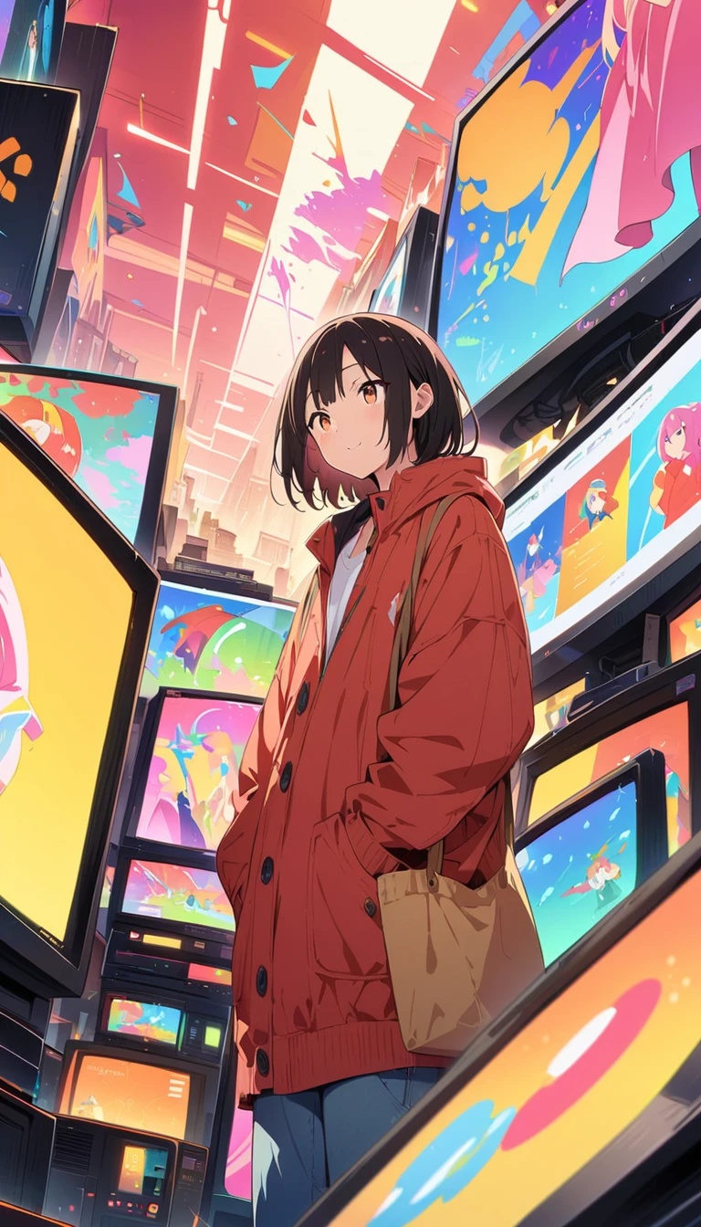 anime style, Ultra-fine illustrations, highly detailed, Dynamic Angle, beautiful detailed, 8k, In front of many CRT TVs, break various programs are being broadcasted. A woman stares at them, break smiling amidst the colorful scenes.(Highest quality、masterpiece、High resolution、detailed)animeスタイル、Flat Style、(Shining Eyes、detailed美しい顔),  break,Dynamic Angle、anime