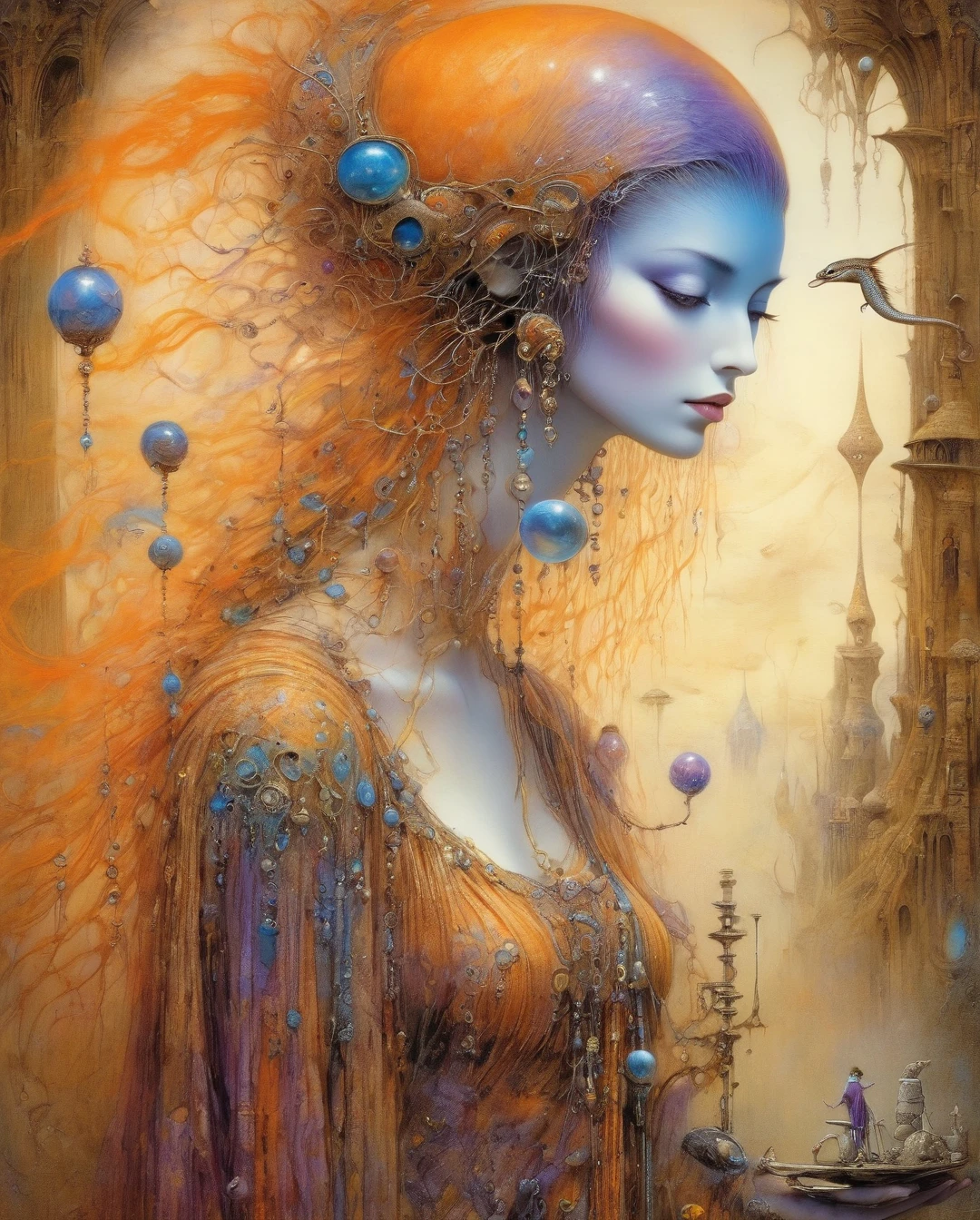 Gold. Weaver, A beautiful woman. Painting by Luis Royo. surrealism. Machinarium. Orange, blue & Purple. An old weaver turns a spindle. Buster Keaton. Sculpture of a colored man. Samorost and Gaudi. Remedios Varo. Modern style. Surrealism. Jewelry with opal and small lizard..... (best quality,4k,8k,highres,masterpiece:1.2),ultra-detailed,(realistic,photorealistic,photo-realistic:1.37),alternative reality,telepathic,psychic powers,mind reading,third eye,mind bending,intense gazing,parallel universe,Yoshitaka Amano style,dreamlike,fantasy,vivid colors,soft lighting