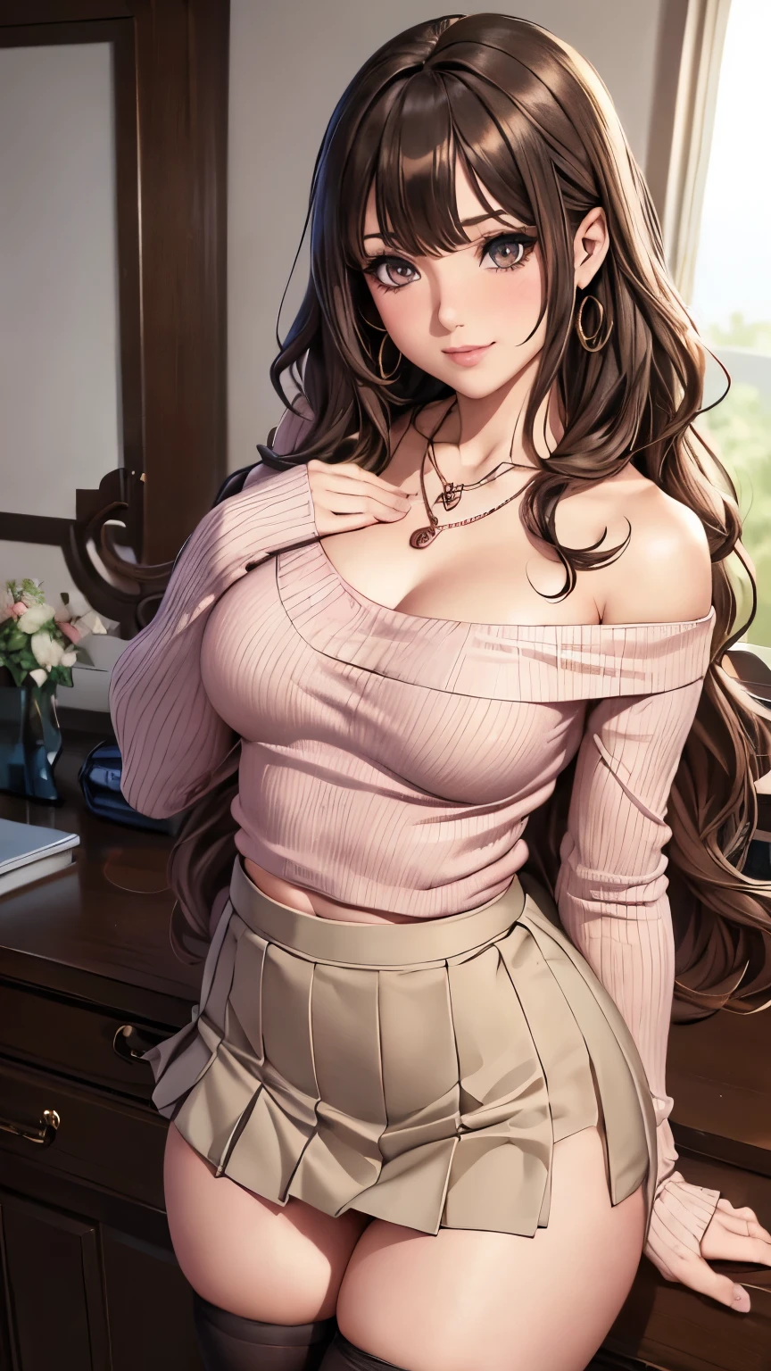 (Tabletop, Highest quality, High resolution, , Pixel perfect, 4K,), 1 Girl, single, alone, Beautiful woman、I could see the whole body、 ((Wavy mid-length hair, bangs, Brown Hair)), ((Brown eyes, Beautiful eyelashes, Realistic eyes)), ((Detailed face, blush:1.2)), ((Smooth texture:0.75, Realistic texture:0.65, Realistic:1.1, Anime CG Style)), (Very small breasts), Dynamic Angle, Perfect body, female teacher, Earrings、necklace、Beige off-the-shoulder sweater、Long pleated skirt、Black knee-high stockings、Pink lace panties、A shy smile, Superior、Bring your arms together to emphasize your chest、