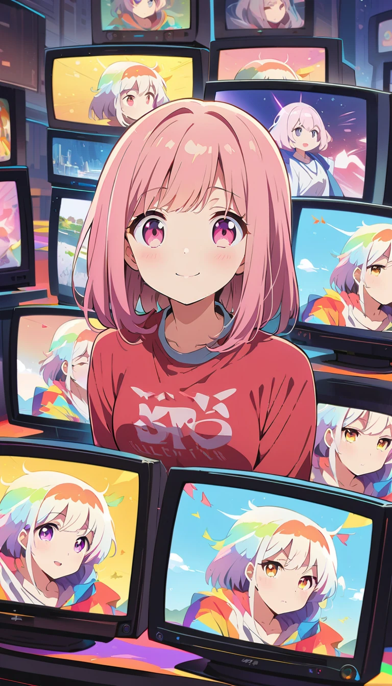 anime style, Ultra-fine illustrations, highly detailed, Dynamic Angle, beautiful detailed, 8k, In front of many CRT TVs, break various programs are being broadcasted. A woman stares at them, break smiling amidst the colorful scenes.(Highest quality、masterpiece、High resolution、detailed)animeスタイル、Flat Style、(Shining Eyes、detailed美しい顔),  break,Dynamic Angle、anime