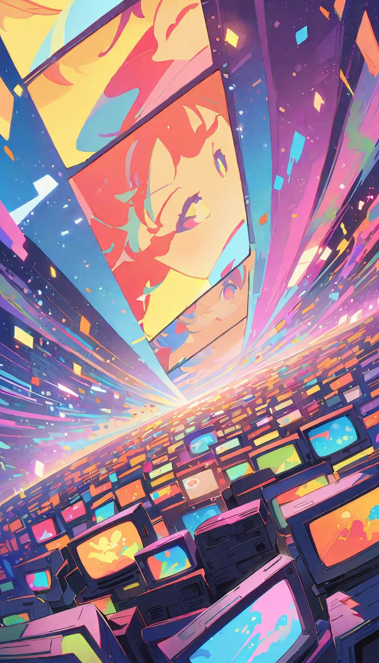 anime style, Ultra-fine illustrations, highly detailed, Dynamic Angle, beautiful detailed, 8k, In front of many CRT TVs, break various programs are being broadcasted. A woman stares at them, break smiling amidst the colorful scenes.(Highest quality、masterpiece、High resolution、detailed)animeスタイル、Flat Style、(Shining Eyes、detailed美しい顔),  break,Dynamic Angle、anime