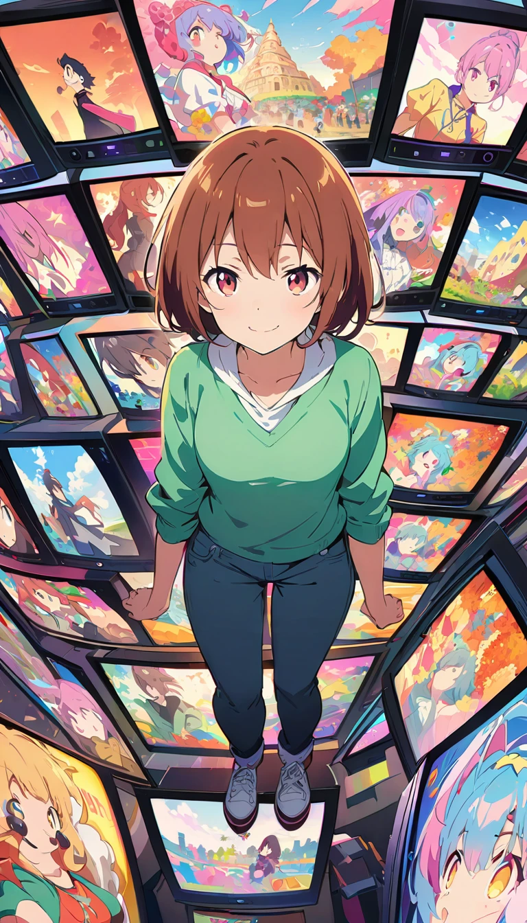 anime style, Ultra-fine illustrations, highly detailed, Dynamic Angle, beautiful detailed, 8k, In front of many CRT TVs, break various programs are being broadcasted. A woman stares at them, break smiling amidst the colorful scenes.(Highest quality、masterpiece、High resolution、detailed)animeスタイル、Flat Style、(Shining Eyes、detailed美しい顔),  break,Dynamic Angle、anime