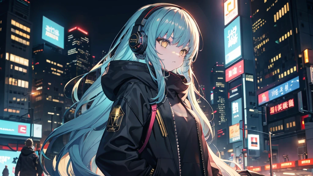 goldene Augen、Cyberpunk City、mittellanges Haar、Coole Kopfhörer tragen,{{{{{{{{ Übergroßer schwarzer Hoodie }}}}}}}},beautiful and delicate goldene Augen,Gedanke,schwarze Kleidung,
