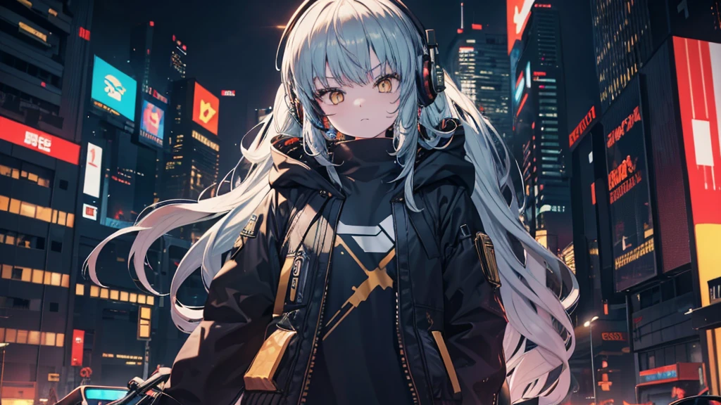 Golden Eyes、Cyberpunk City、Medium Long Hair、Wearing cool headphones,{{{{{{{{ Oversized black hoodie }}}}}}}},beautiful and delicate Golden Eyes,thought,Black clothes,
