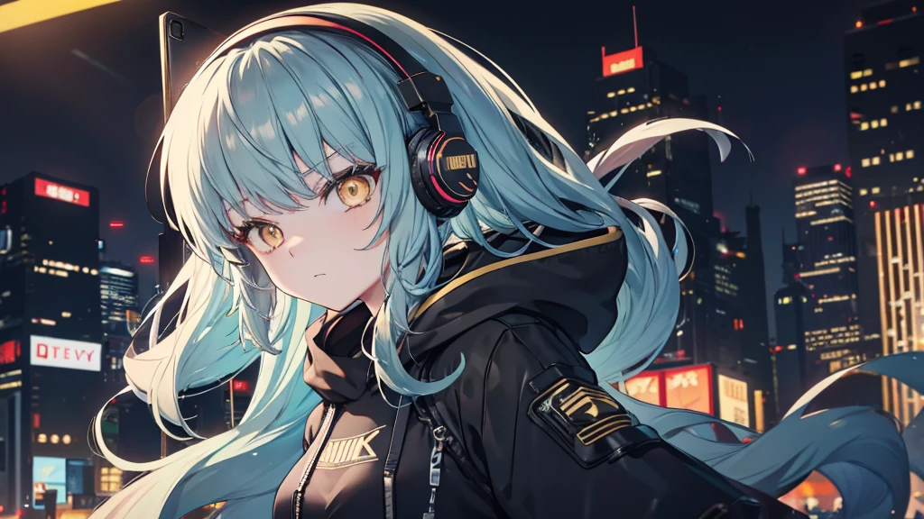 Golden Eyes、Cyberpunk City、Medium Long Hair、Wearing cool headphones,{{{{{{{{ Oversized black hoodie }}}}}}}},beautiful and delicate Golden Eyes,thought,Black clothes,
