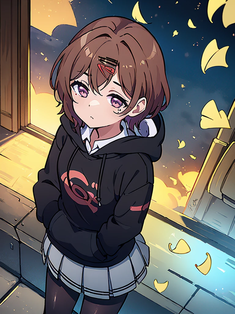 (((higuchi_madoka))),(((1girl in))),(((Brown hair))),(((hair clips))),(((Mole under the eyes))),((short-hair))),(( (bangss))),(((Wearing a black hoodie))),(((Grey pleated skirt))),(((Black pantyhose))),(((shirt with collar)))),((long-sleeve))) ,(((Purple eyes))),((Perfect hands)))(((Perfect Anatomy)))(Beautiful detailed eyes: 1.6)、(((extra detailed face)))、Walking、Yellow ginkgo tree-lined promenade、Yellow ginkgo leaves fluttering in the wind、softlight、Rim Lights、超A high resolution、top-quality、magnifica、hightquality、Hi-Res、extremely details CG、masutepiece、Best Quality、ultra-detailliert、From  above、Looking at the sky、Epal look、(((I have my hand in my hoodie pocket.)))