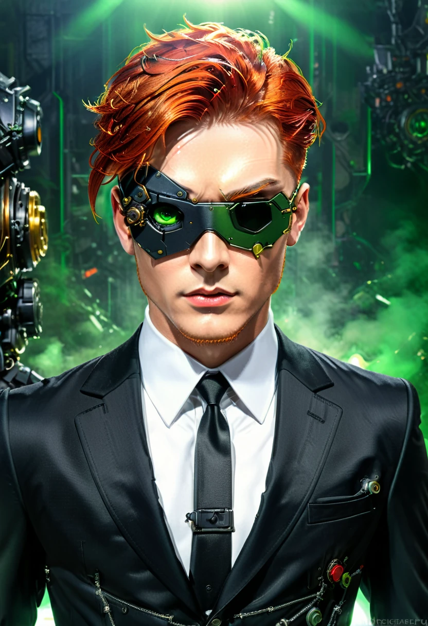 Arafed uma foto de um espião humano, Vestindo dark suit, Vestindo ((um tapa-olho mecha)), ((tapa-olho cobrindo apenas um olho: 1.5))lindo macho requintado, cabelo vermelho, cabelo curto, olhos verdes, ((o tapa-olho tem uma parte mecânica complexa: 1.4)), fundo de evento de gala da alta sociedade, (obra de arte: 1.5), 16k, alta resolução, melhor qualidade, detalhes altos, ultra detalhado, obra de arte, melhor qualidade, (extremamente detalhado), Criaturas Mecânicas