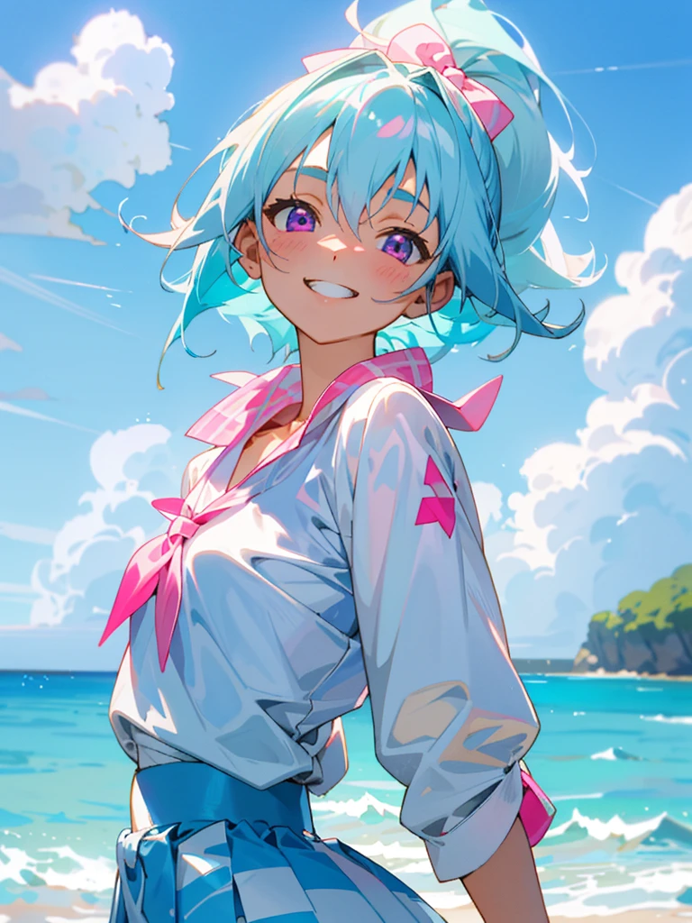 16-year-old girl、Anime-style paintings、Light blue hair、Pink Eyes、Small breasts、white blouse shirt、Checked mini skirt、Upper body close-up、Sandy beach background、Blue sky and white clouds、Grin、From the side、Sharp contours