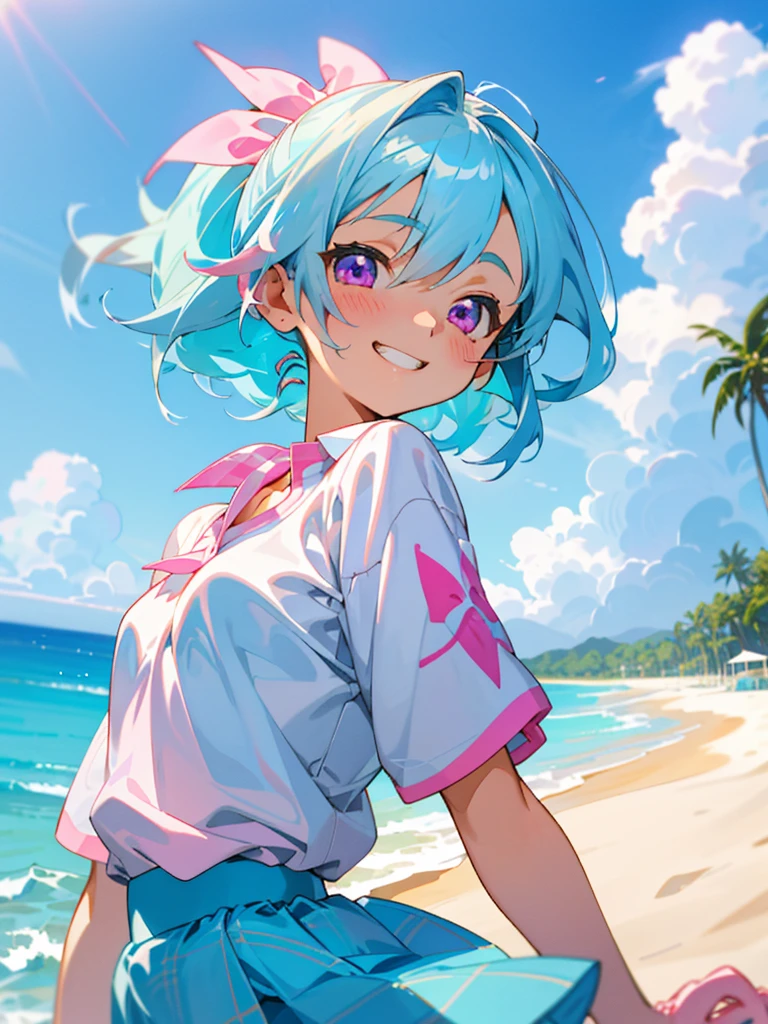 16-year-old girl、Anime-style paintings、Light blue hair、Pink Eyes、Small breasts、white blouse shirt、Checked mini skirt、Upper body close-up、Sandy beach background、Blue sky and white clouds、Grin、From the side、Sharp contours