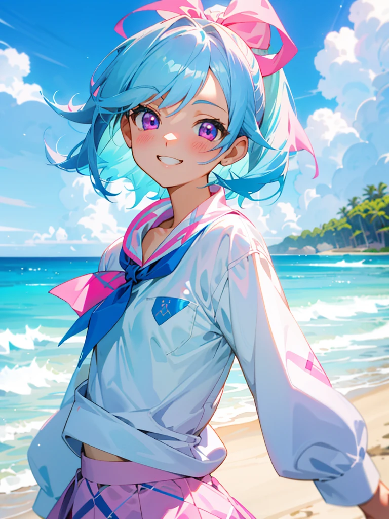 16-year-old girl、Anime-style paintings、Light blue hair、Pink Eyes、Small breasts、white blouse shirt、Checked mini skirt、Upper body close-up、Sandy beach background、Blue sky and white clouds、Grin、From the side、Sharp contours